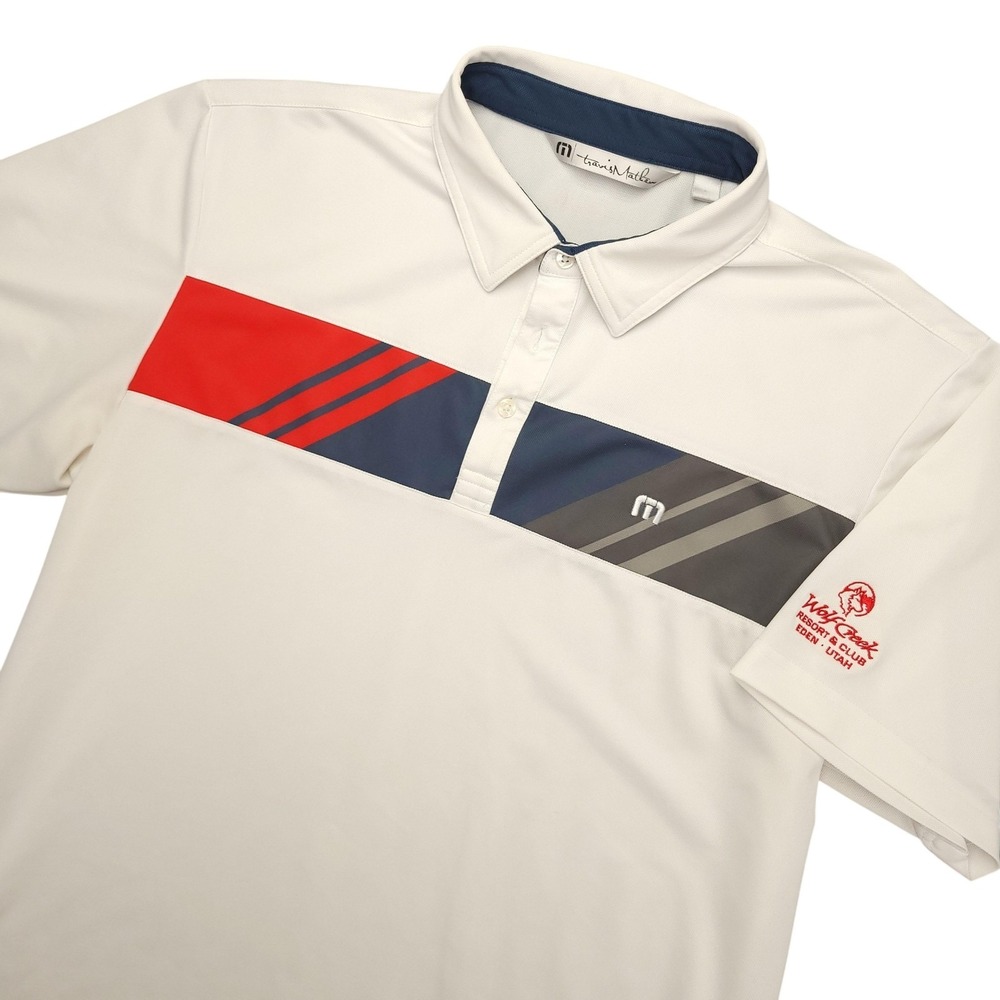 TravisMathew Polo Shirt Mens L White Colorblock Wolf Creek Golf Performance Top